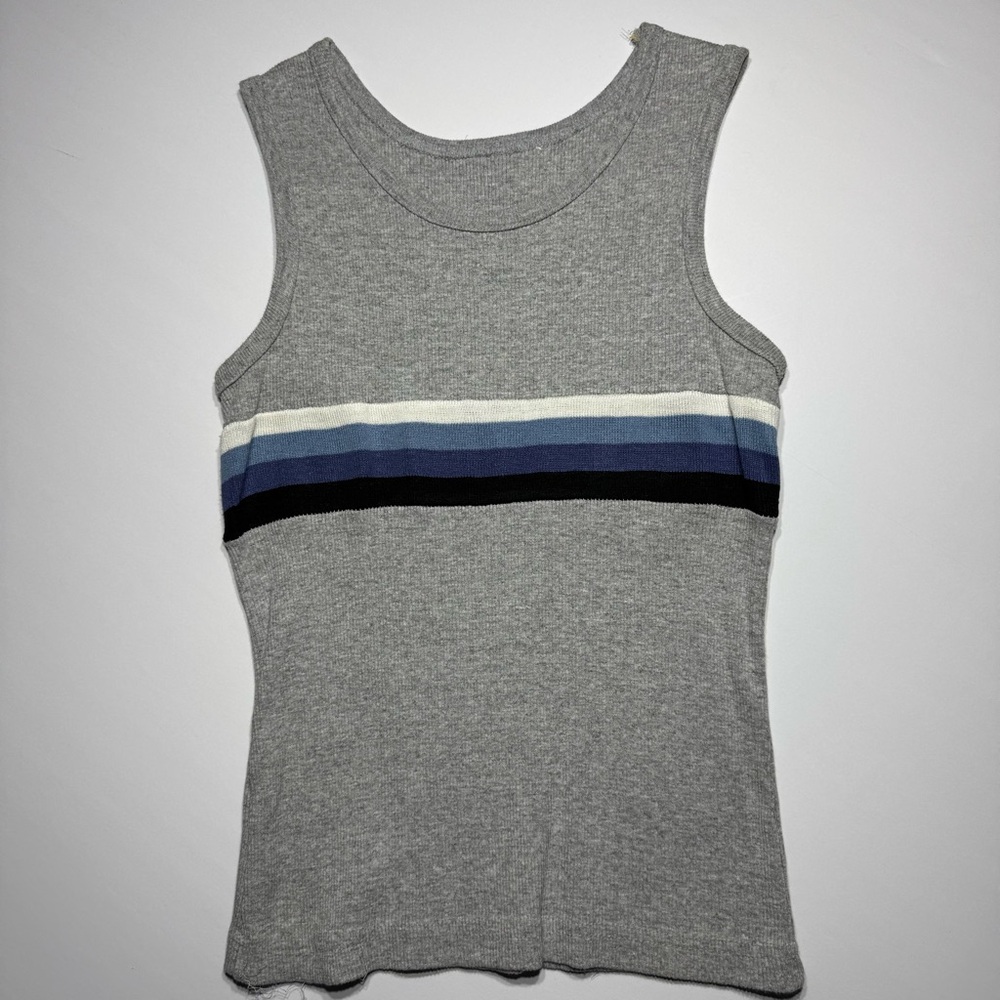 Vintage Y2K Gray Ribbed Tank Top w/ Blue Stripe | Sleeveless Fitted Top